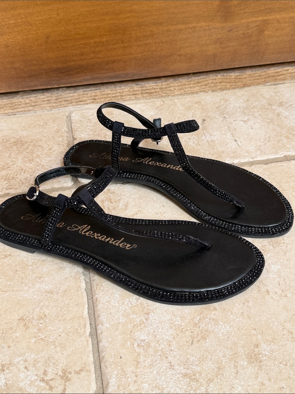 Athena Alexander Black Rhinestone T-Strap Flat Sandals - Picture 3 of 7